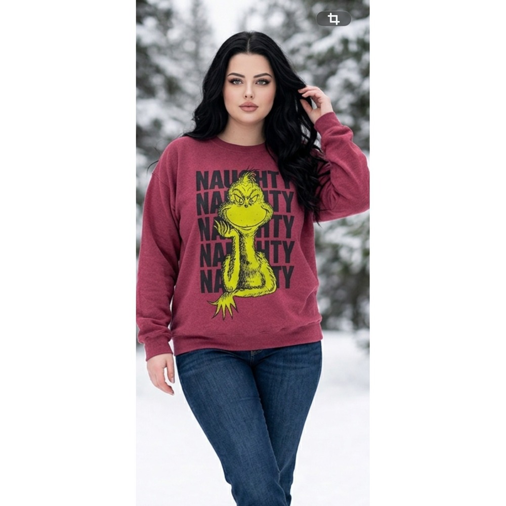 Dr Seuss The Grinch Naughty Graphic Sweatshirt Burgundy Crewneck XL